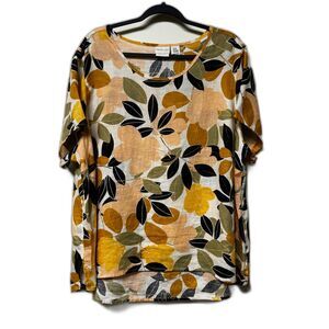 RACHEL ZOE 100% Linen Botanical Print Short Sleeve Blouse, Sz 2X